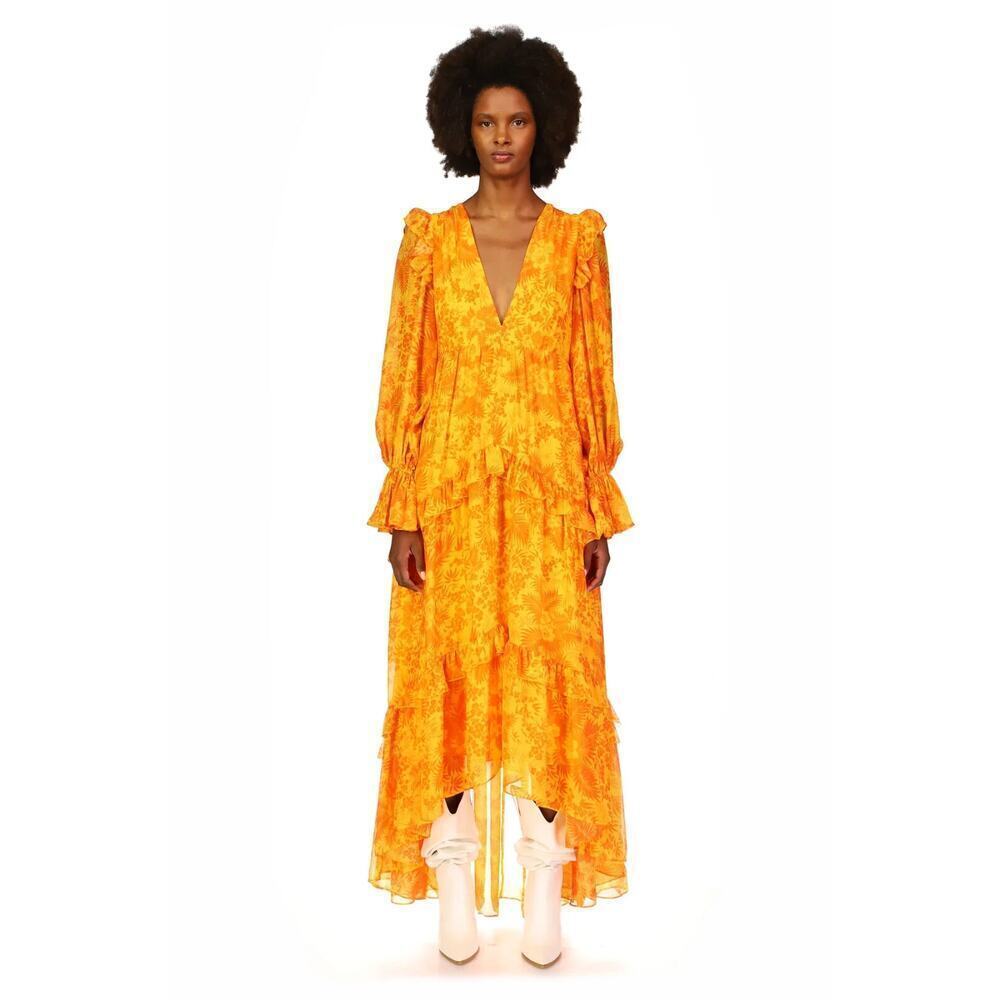 Amur Allegra Ruffled Silk Maxi Dress Gown Size 00 Persimmon Jungle #2C456